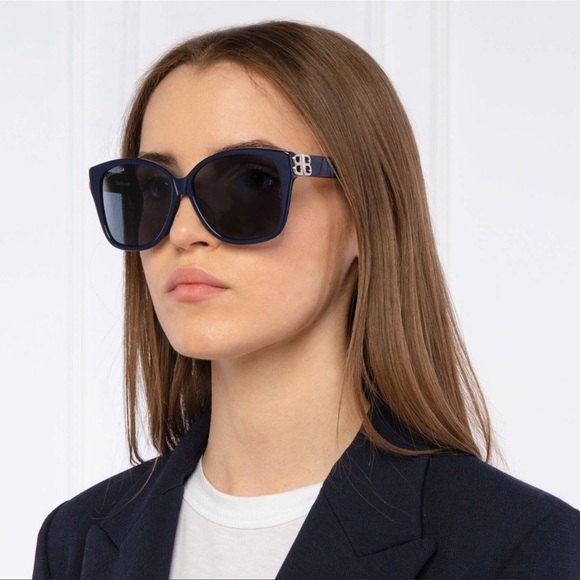New Authentic BALENCIAGA DARK BLUE Sunglasses with Silver BB on the side - Picture 2 of 2